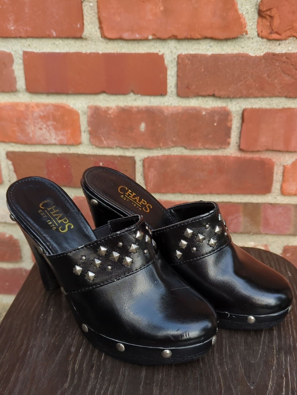 Chaps Black Studded Leather Mule Clogs 4.5 IN